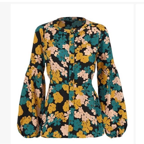 CAbi Teal and Mustard Flower Drop Favorite Bishop Sleeve Blouse NWOT sz Large - Picture 1 of 10